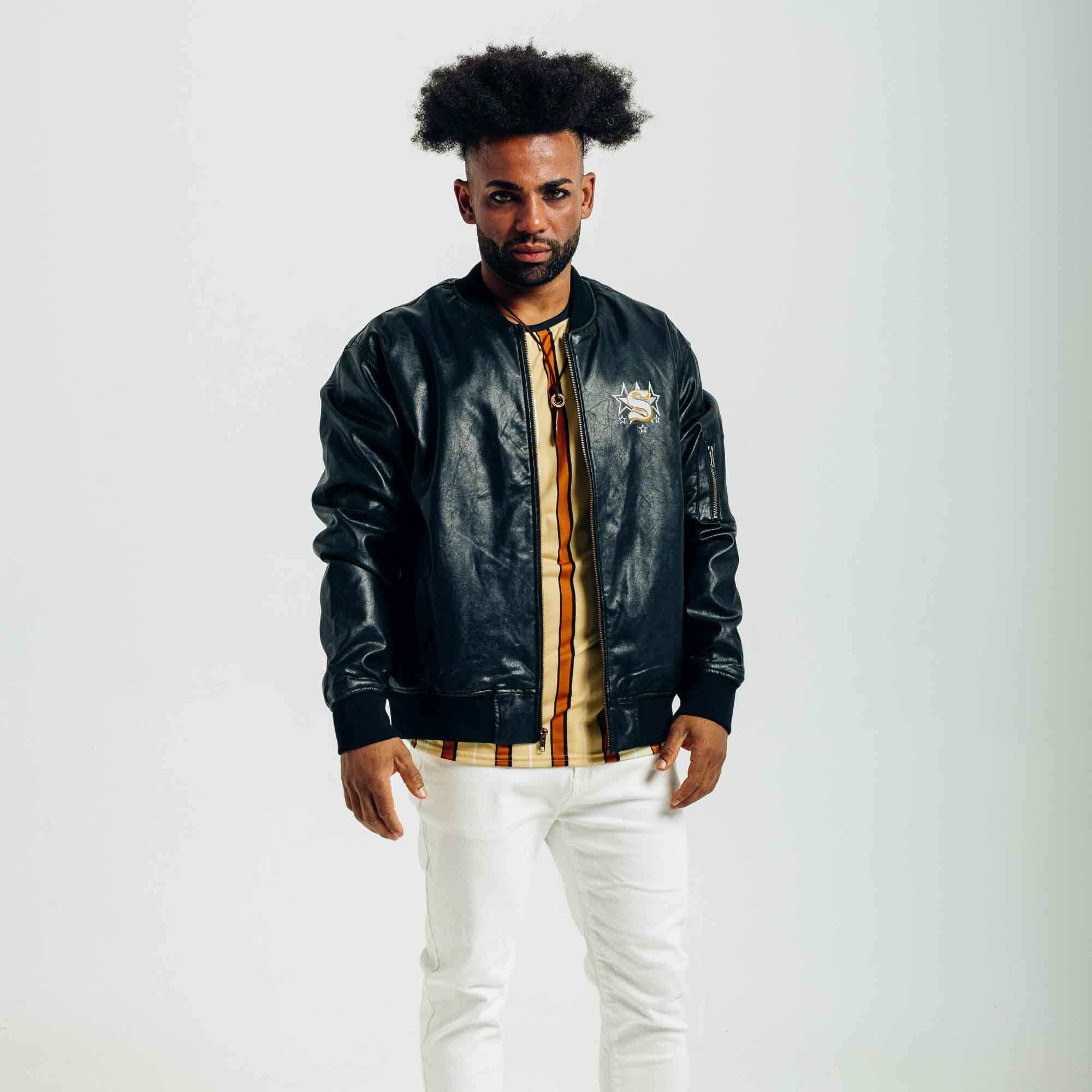 Chaqueta bomber bordada unisex de piel vegana STAR - Imagen 4